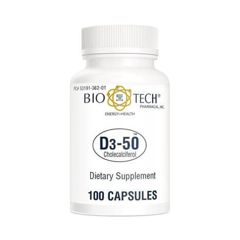 White plastic bottle of Bio-Tech D3-50 Cholecalciferol dietary supplement, 100 capsules, with gold and white label
