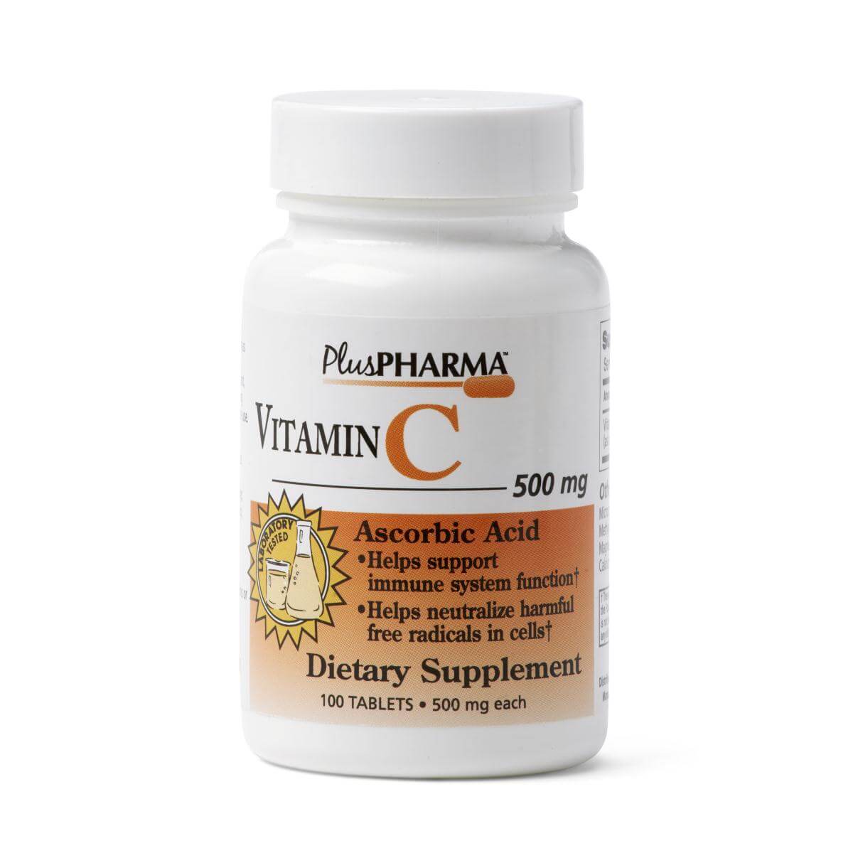 Vitamin C 500 mg dietary supplement tablets in a white plastic bottle with orange and white label, 100 count