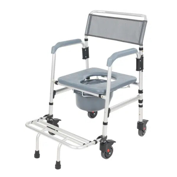 Shower commode transport wheelchair with aluminum frame, locking caster wheels, mesh back, padded armrests, commode seat
