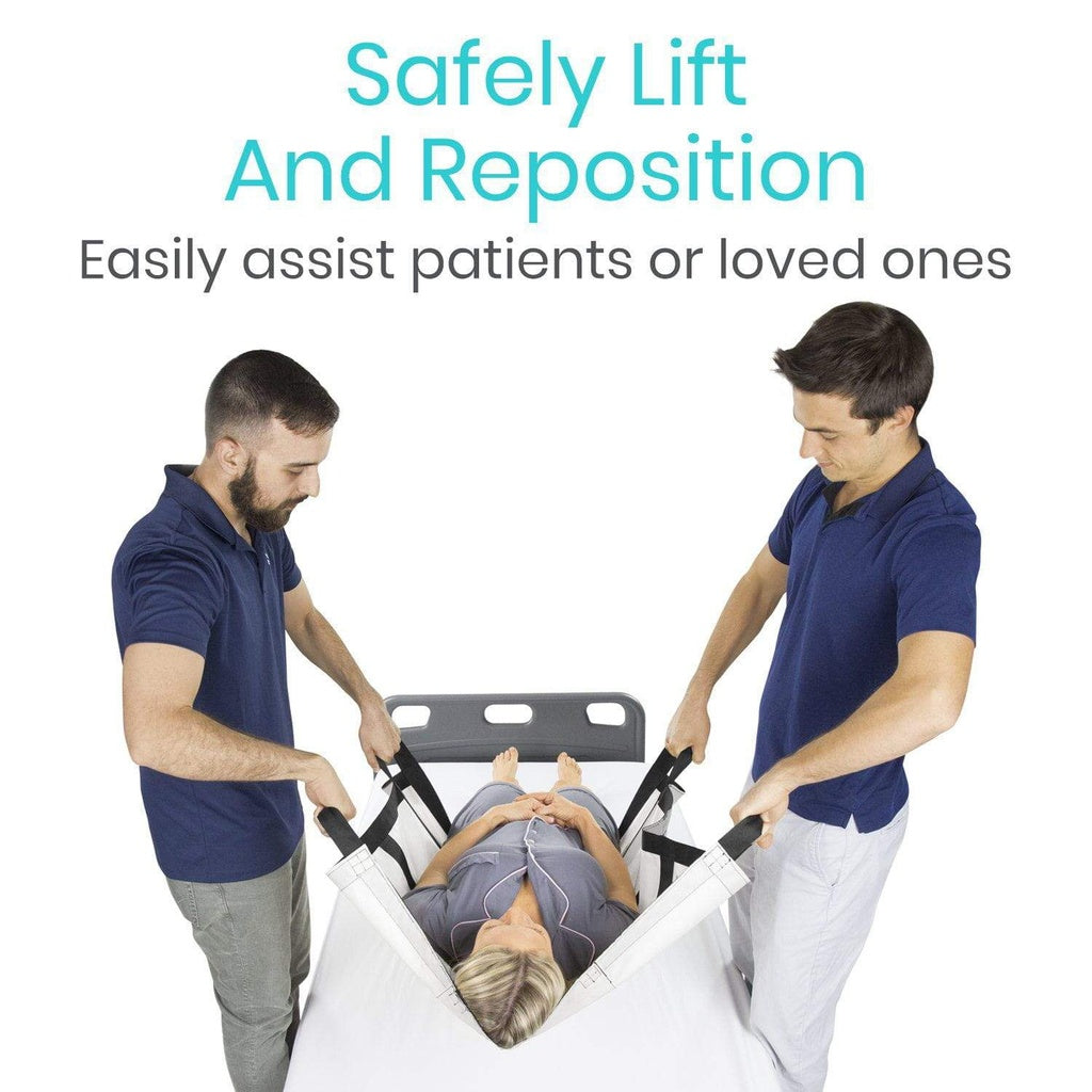 Transfer blanket with two caregivers lifting and repositioning a patient lying on the white fabric sling using handles