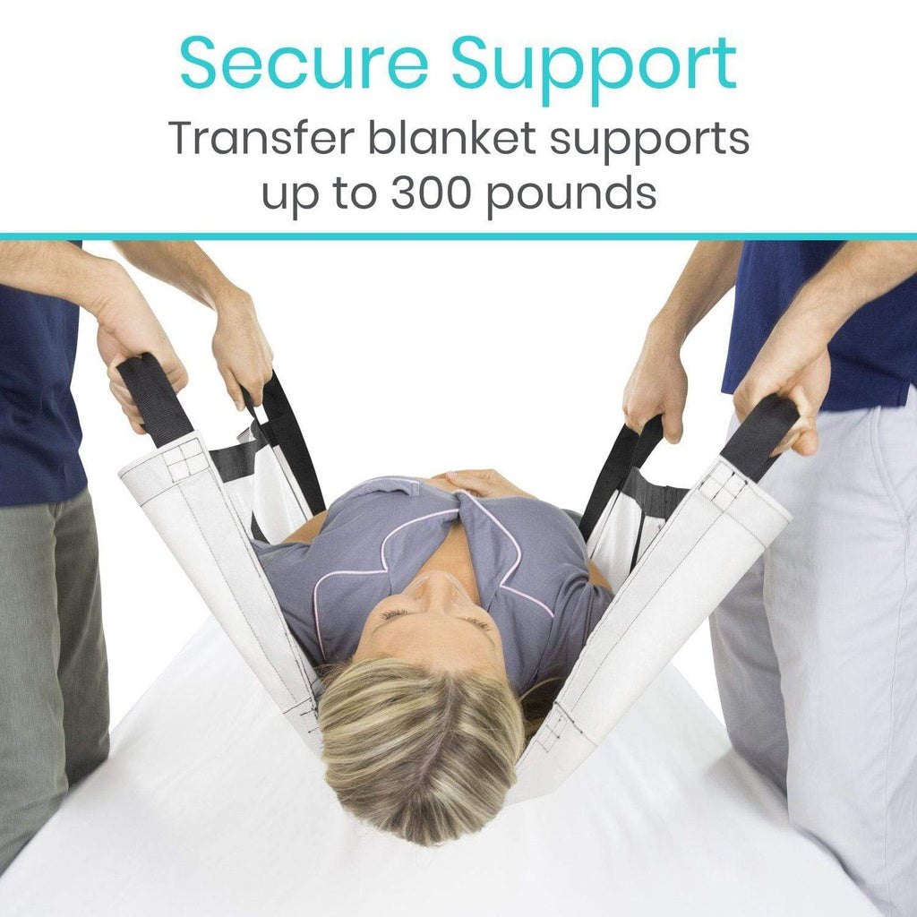 Transfer blanket with handles being used by two caregivers to lift a patient lying on a white surface