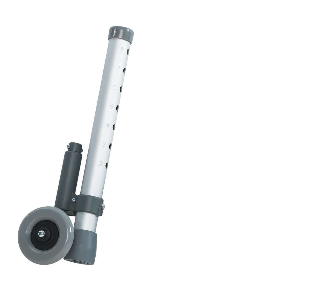 Walker rear brake footpiece attachment with gray wheel, adjustable aluminum leg with numbered height holes, and gray end cap
