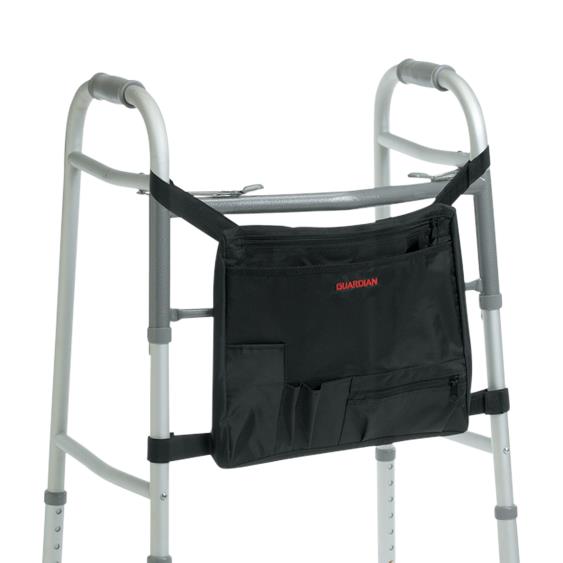 Walker carry pouch with multiple pockets strapped to a folding walker, shown in black fabric on white background