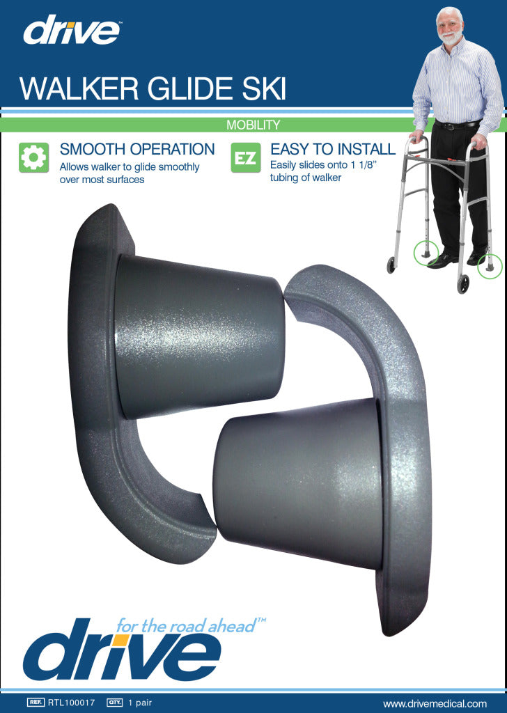 Walker glide ski pair shown close-up in dark gray, with elderly man using a standard walker fitted with the glides in