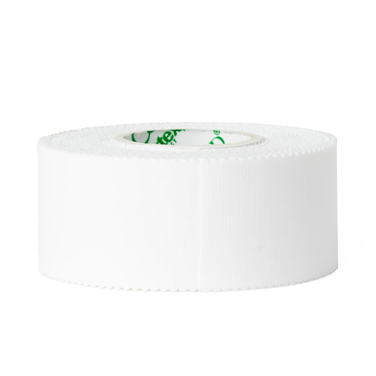 Waterproof surgical tape roll in white with serrated edges and green printed paper core, 1 inch wide