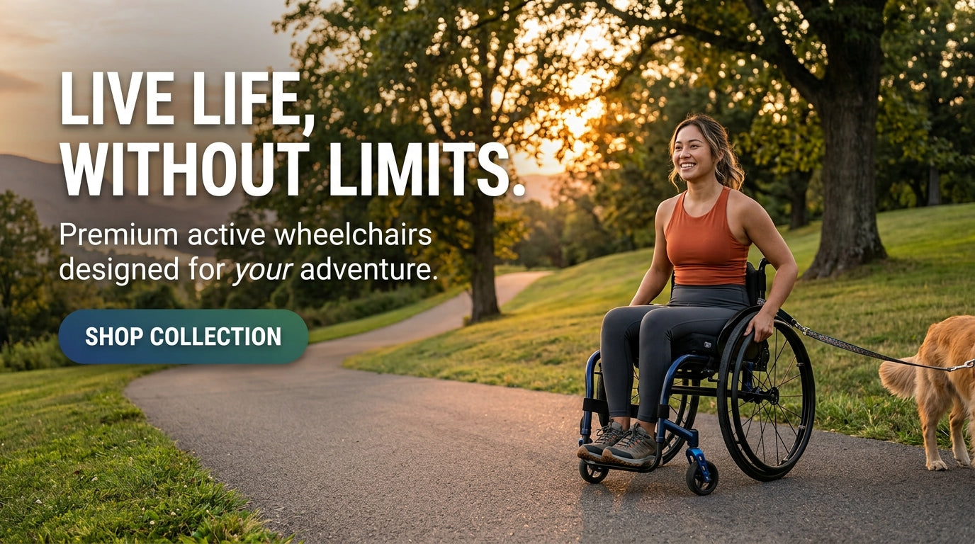 A woman in an orange tank top and dark leggings sits in a blue manual wheelchair on a paved path in a park, with a golden retriever beside her. Large promotional text on the left reads 'LIVE LIFE, WITHOUT LIMITS.