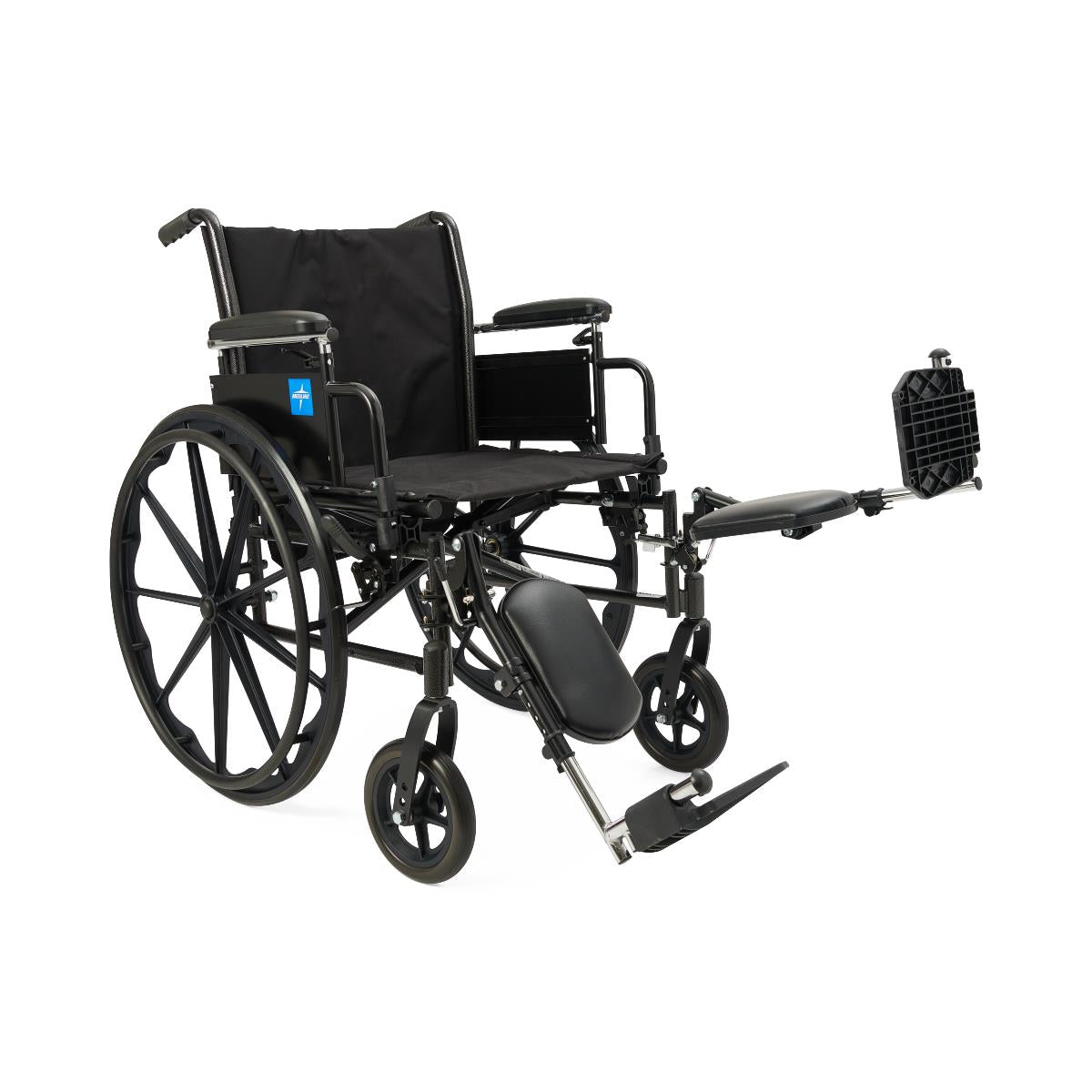 Wheelchair with black nylon upholstery, removable armrests, large rear wheels, and one elevating leg rest extended outward