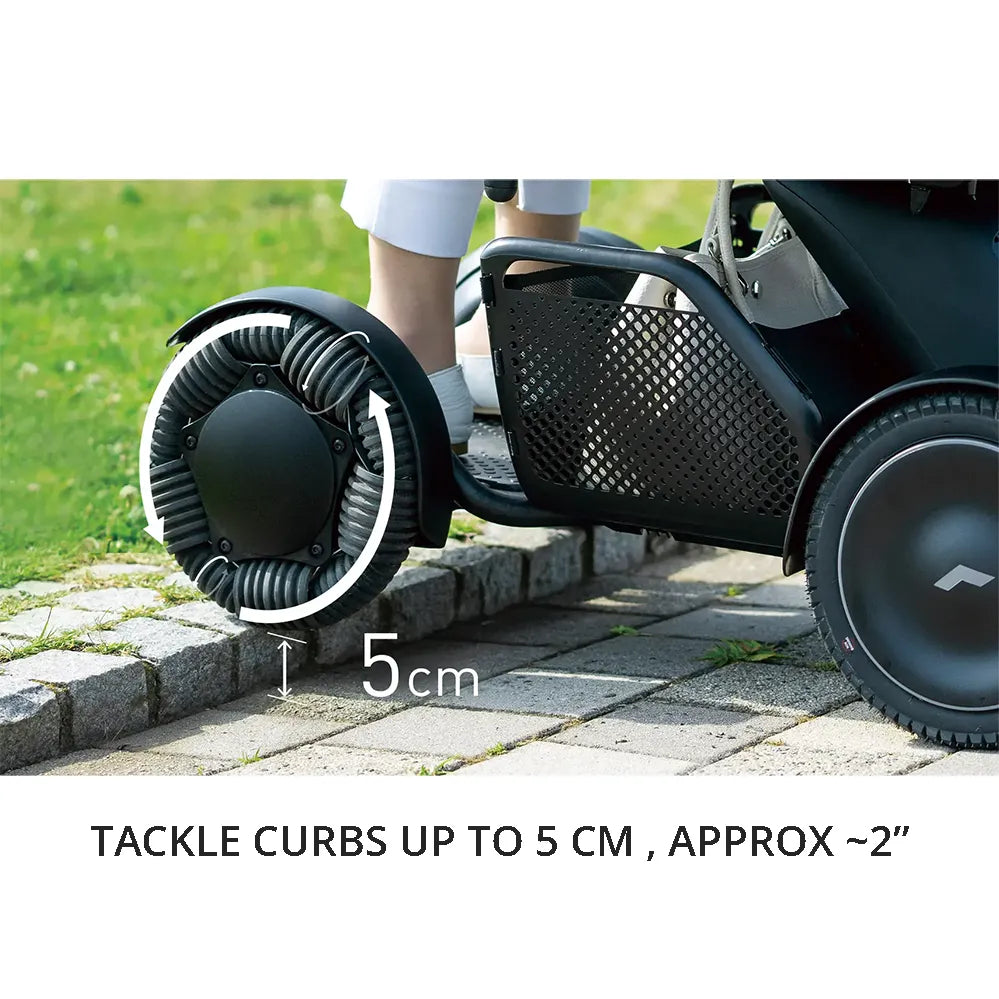 Power wheelchair front wheel climbing a curb outdoors, with graphic showing 5 cm curb clearance capability