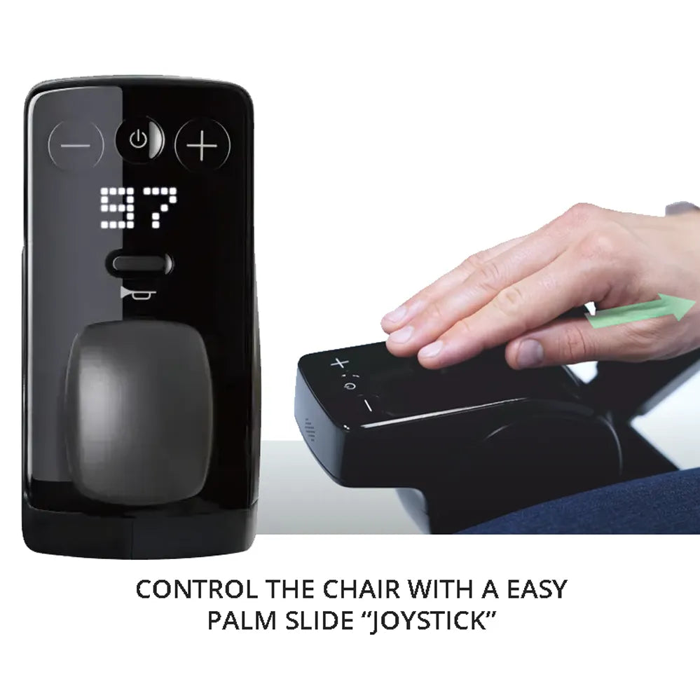 Power wheelchair joystick controller with LED display shown alongside a hand demonstrating palm slide operation on armrest
