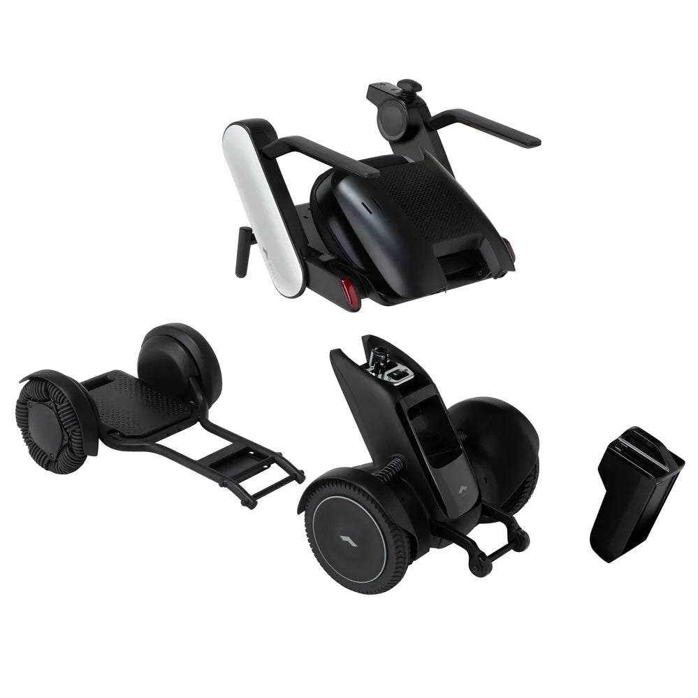Power wheelchair shown disassembled into modular black-and-white components including seat unit, front wheel drive section
