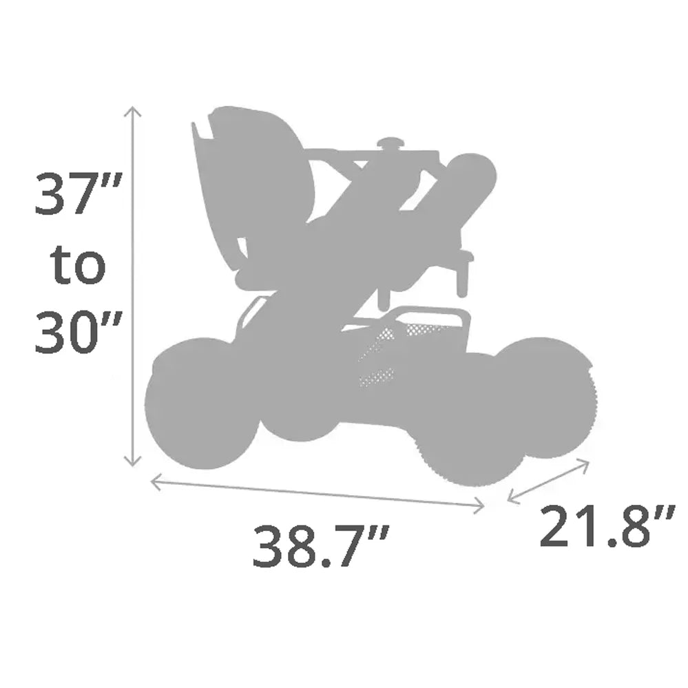 Power wheelchair dimension diagram showing height 30–37 inches, length 38.7 inches, and width 21.8 inches