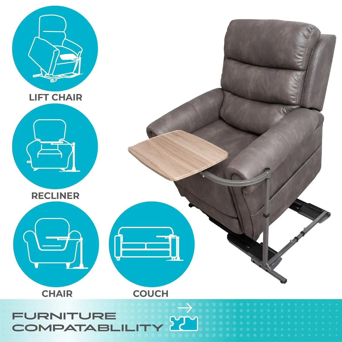 Stander Wonder Tray adjustable overbed table attached to a gray lift chair, with icons showing compatibility with lift