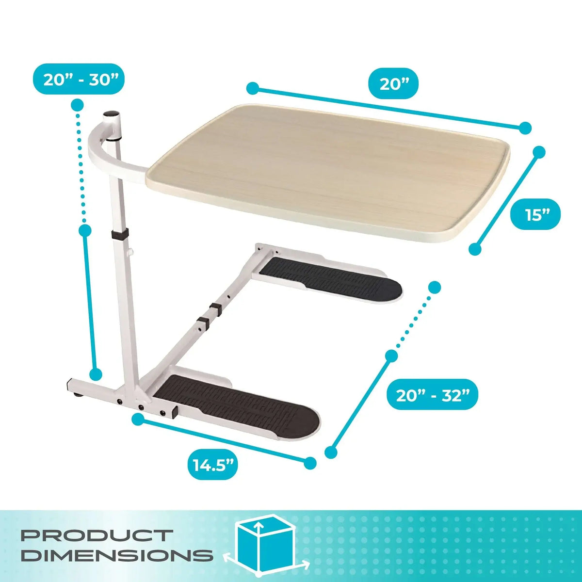 Overbed tray table with white metal frame, wood-tone surface, and non-slip base feet, shown with labeled dimensions diagram