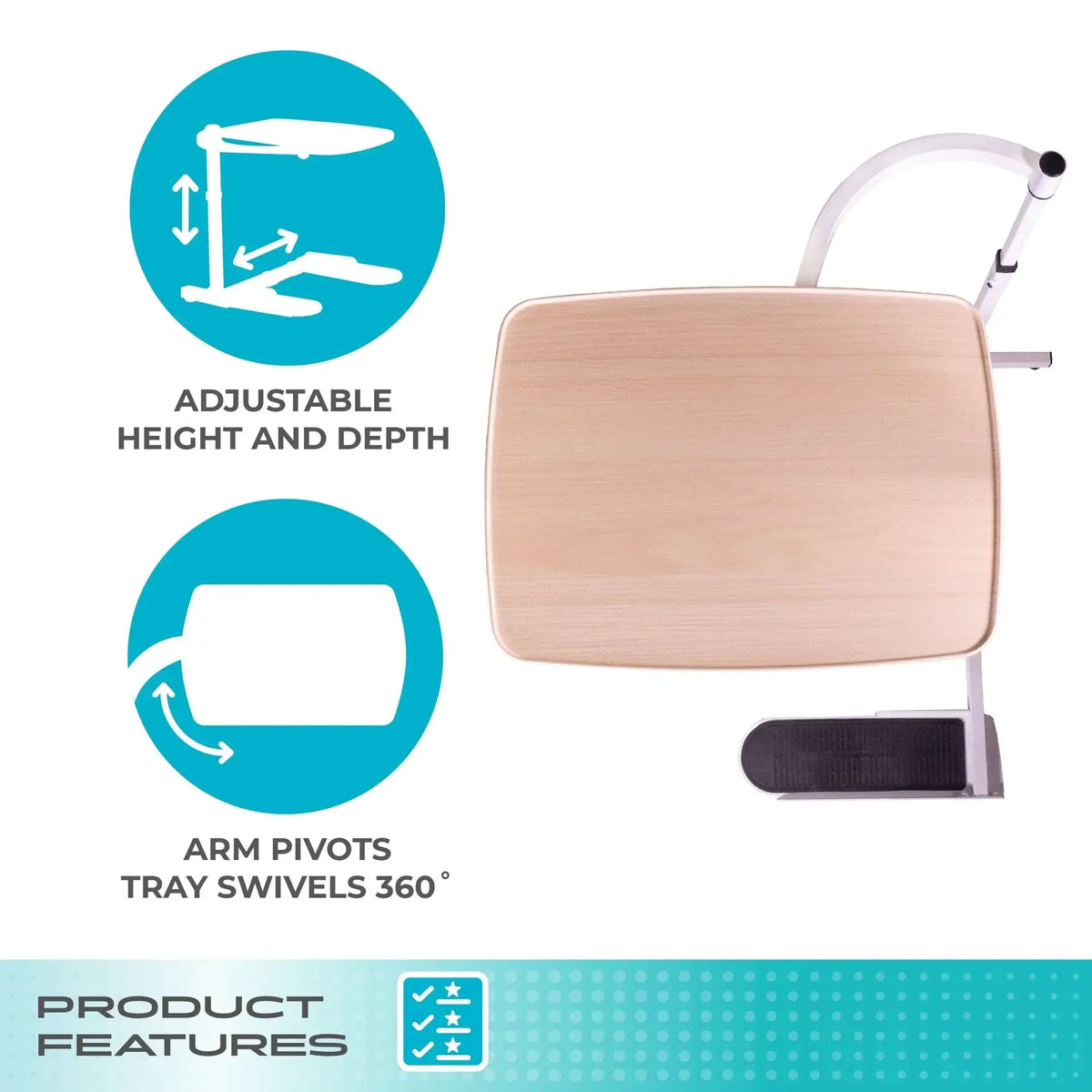Overbed tray table with wood-grain surface on white adjustable base, shown from above with feature callout icons for height
