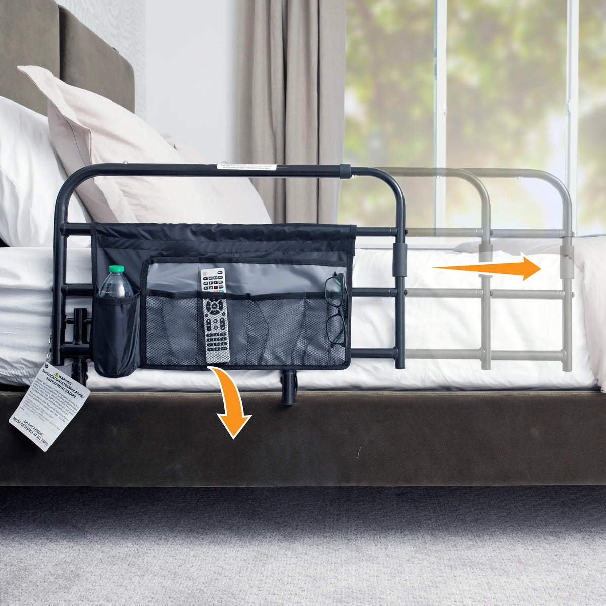 Bed rail with attached organizer pouch holding a water bottle, remote, and glasses, shown extended with orange arrows