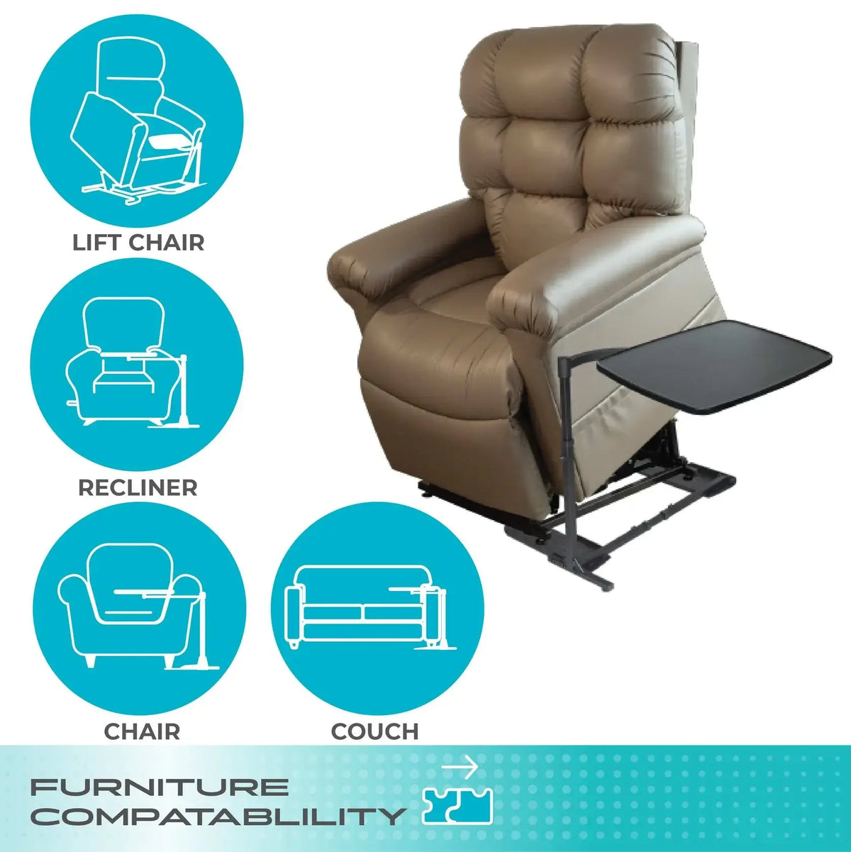 Swivel tray table attached to a tan power lift recliner, with icons showing compatibility with lift chairs, recliners