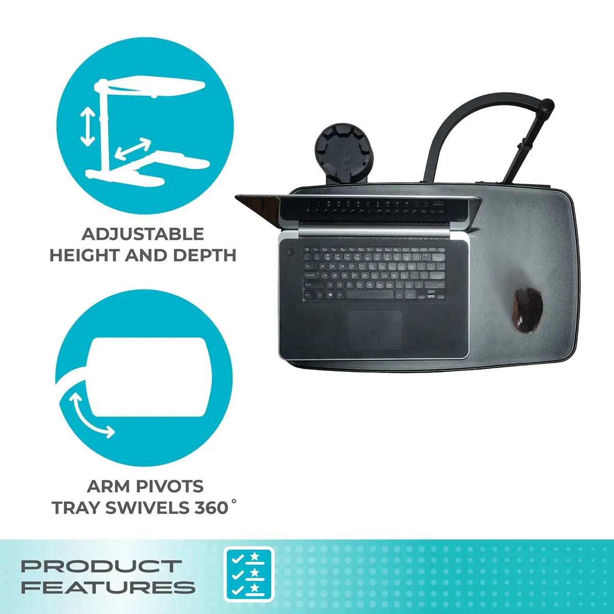 Overbed laptop tray with swivel arm, wide surface holding a laptop and mouse, with icons showing adjustable height and