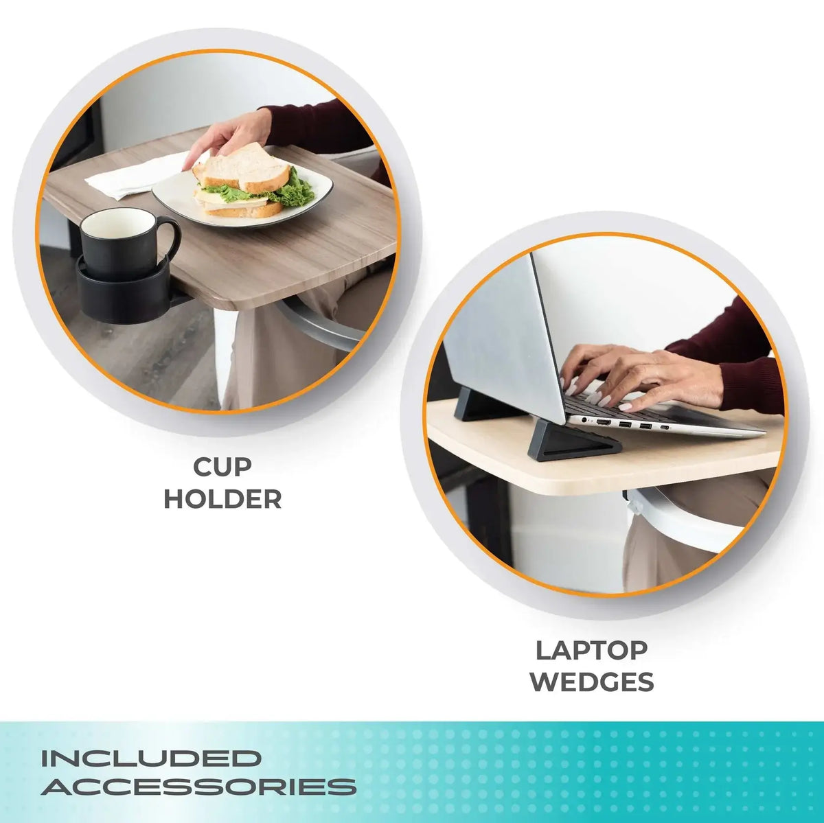 Overbed table accessories showing a cup holder with black mug and a laptop wedge propping open a laptop on a light wood tray