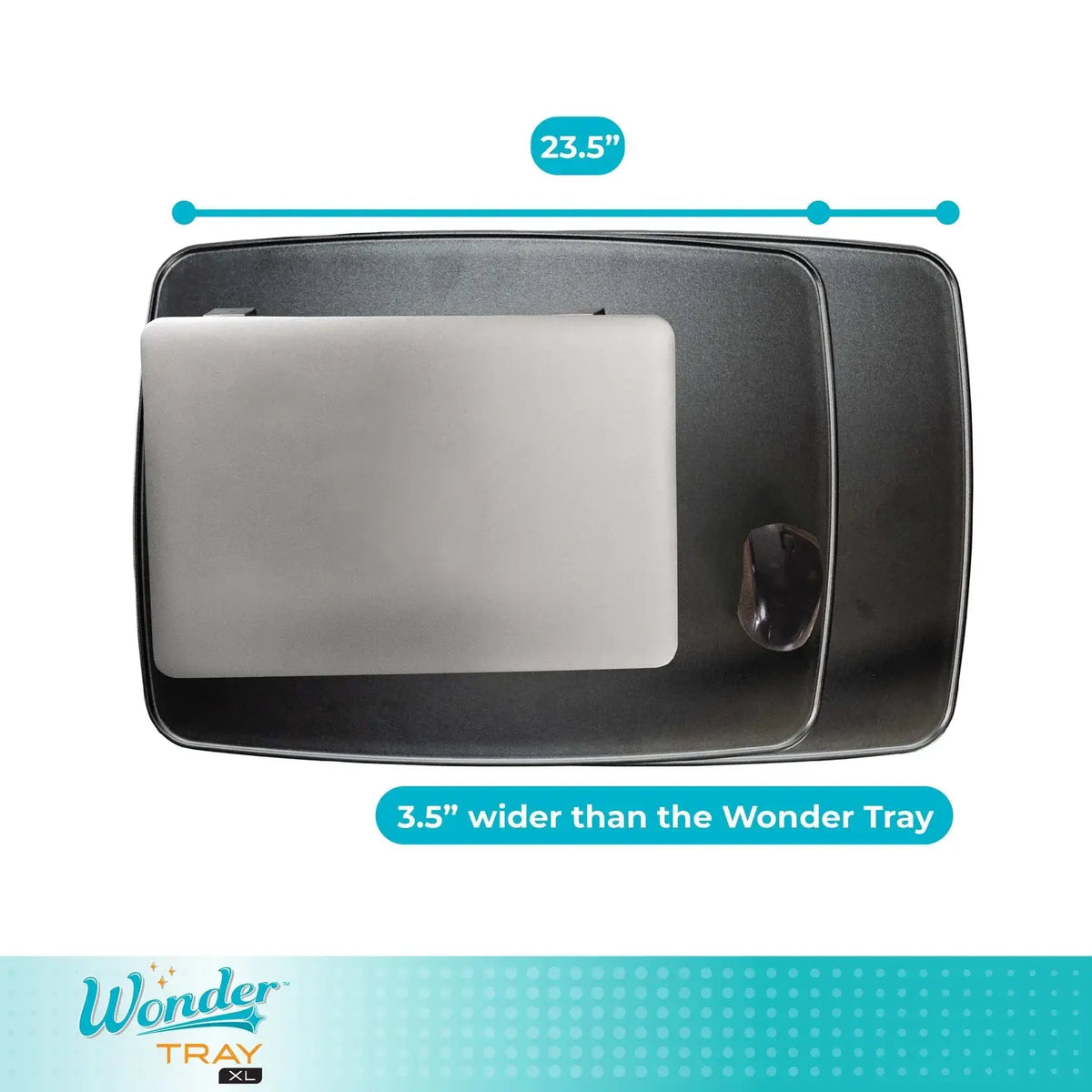 Stander Wonder Tray XL lap desk in black shown from above with a laptop and mouse, measuring 23.5 inches wide
