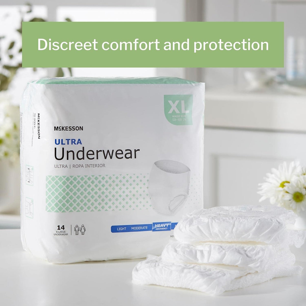 McKesson Ultra Pull On absorbent underwear XL package of 14 with two unfolded white pull-on briefs beside it on a counter