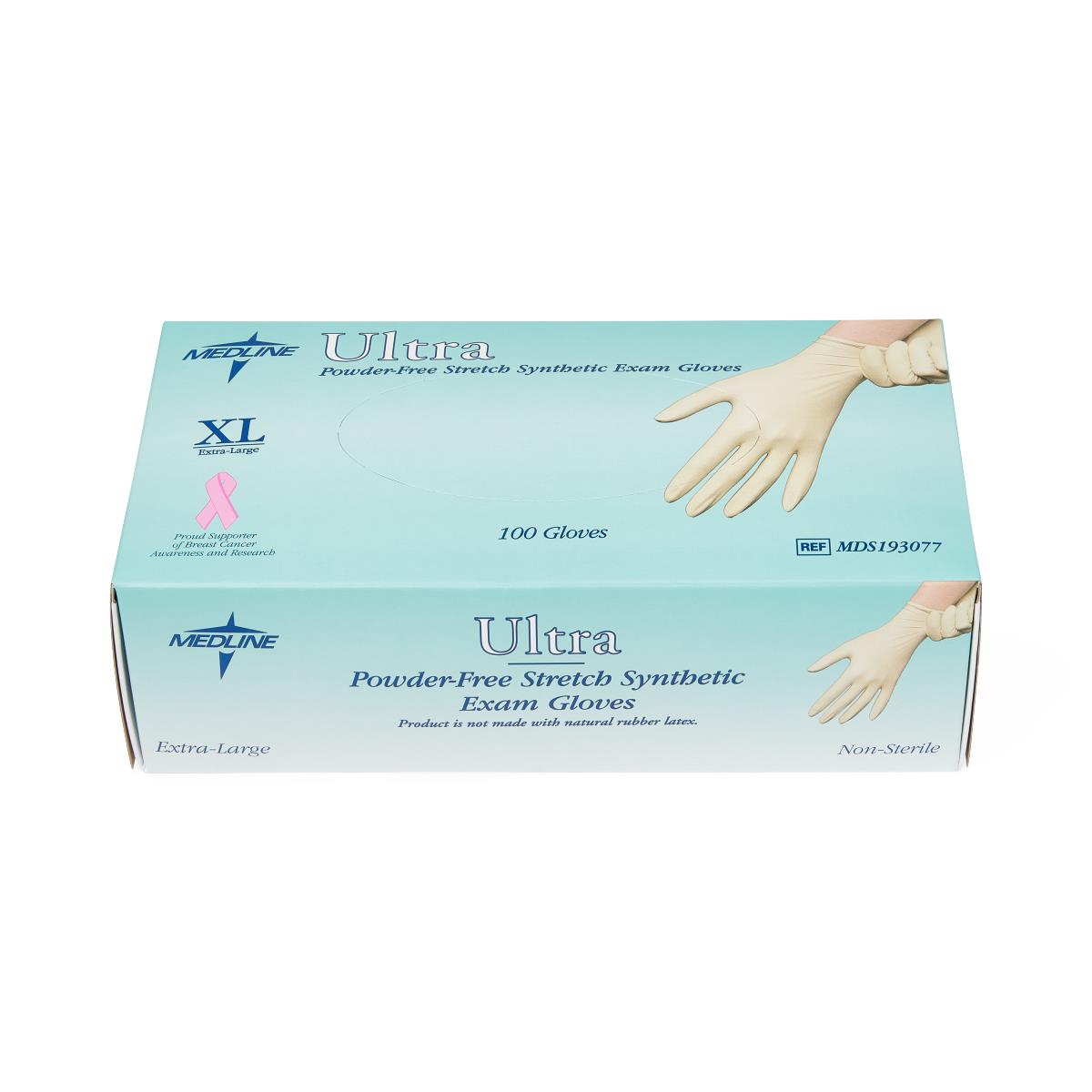 Exam gloves box of 100 powder-free stretch synthetic XL gloves in light teal packaging with gloved hands shown