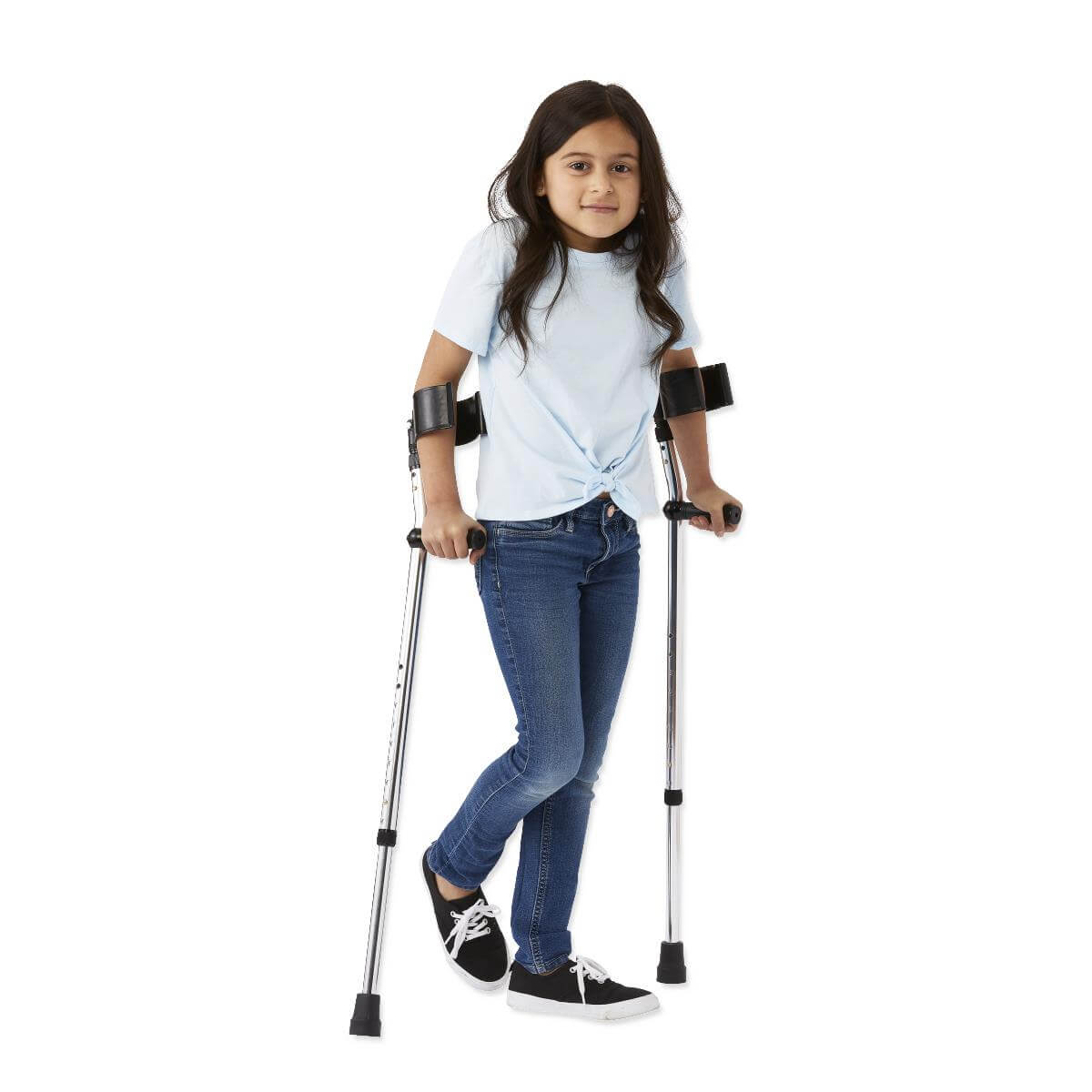 Forearm crutches with black arm cuffs and rubber tips, shown in use by a young girl in jeans and a light blue shirt