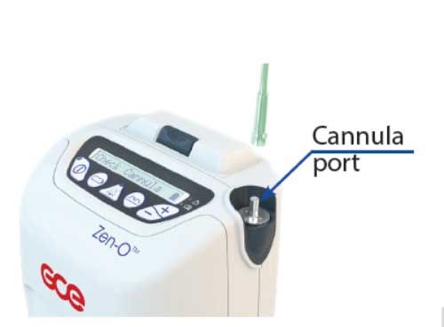 Zen-O portable oxygen concentrator showing front control panel and labeled cannula port on the side with green tubing