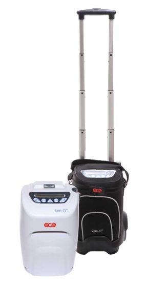 Portable oxygen concentrator shown alone and in a black rolling travel bag with extended pull handle on white background