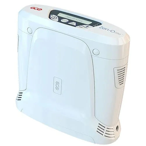 Portable oxygen concentrator in white with LCD display, control buttons, side vents, and GCE Zen-O-Lite branding