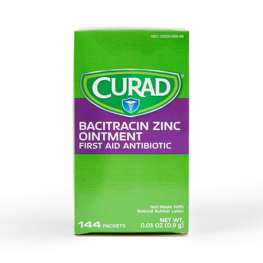 Bacitracin zinc ointment first aid antibiotic box by Curad, 144 foil packets, 0.03 oz each, green and purple packaging