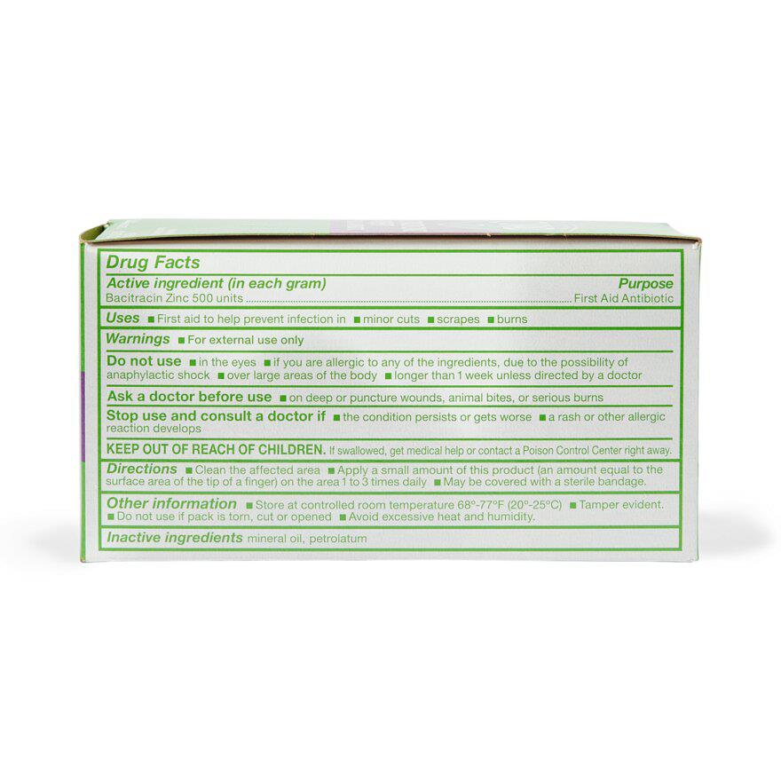 Bacitracin zinc ointment box showing Drug Facts panel with directions, warnings, and ingredient information on white