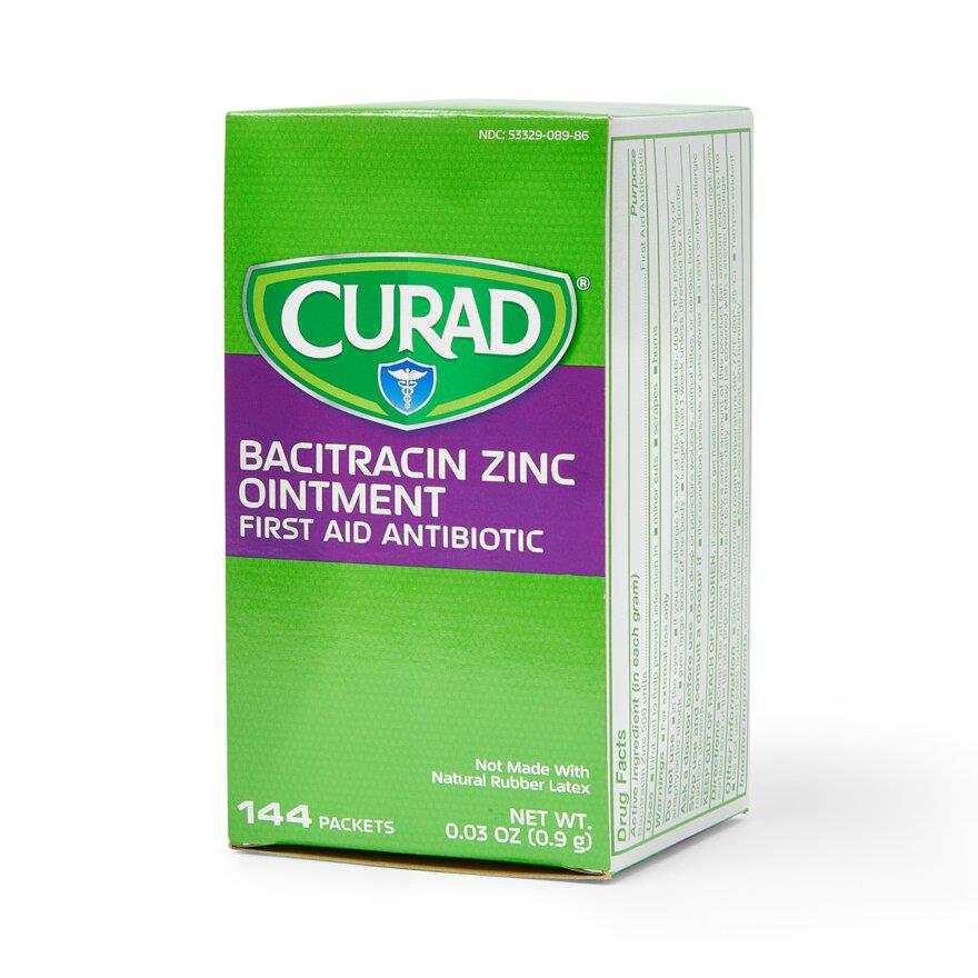 Bacitracin zinc ointment first aid antibiotic box by Curad, 144 individual foil packets, green and purple packaging
