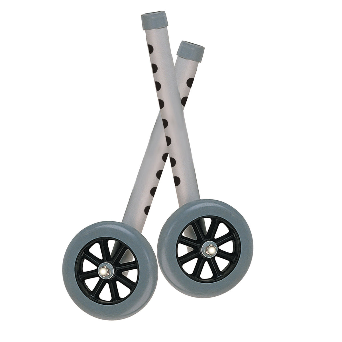 Walker wheel and leg combo pack showing two gray legs with black polka dots crossed, each fitted with a gray 5-inch wheel