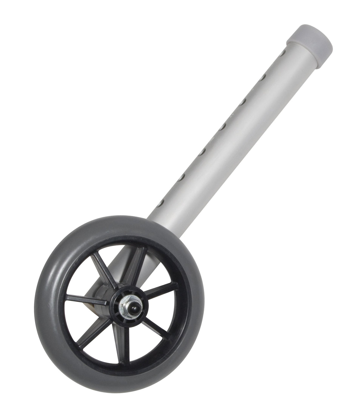 Walker wheel replacement with gray rubber tire, black spoke hub, and aluminum mounting stem with pin holes, shown on white