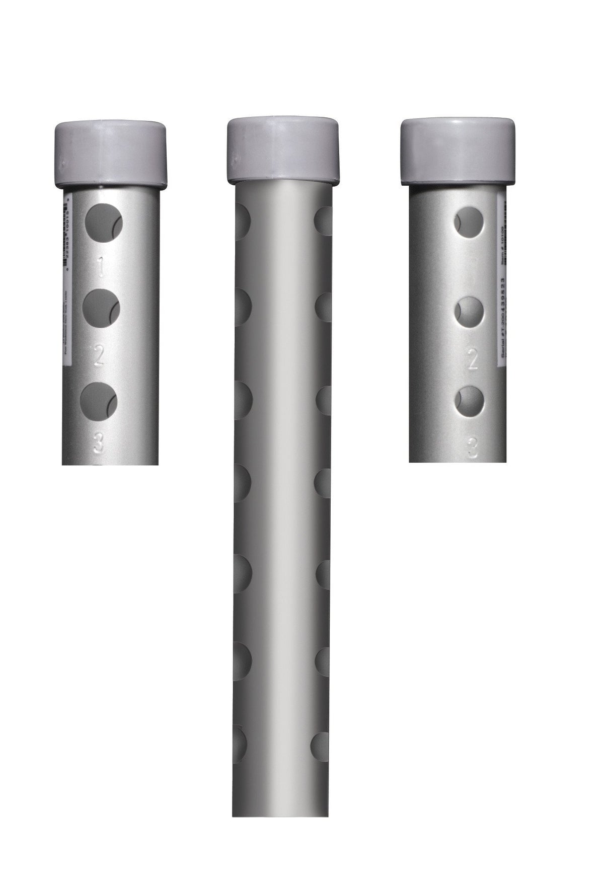 Walker leg extensions, three silver aluminum tubes with round holes and gray end caps, shown in varying lengths