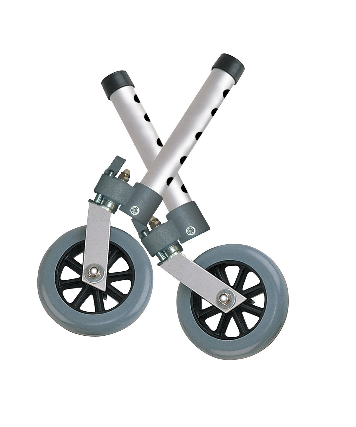 Walker wheel attachments, a pair of 5-inch swivel-lock caster wheels with aluminum legs and gray rubber tires on white