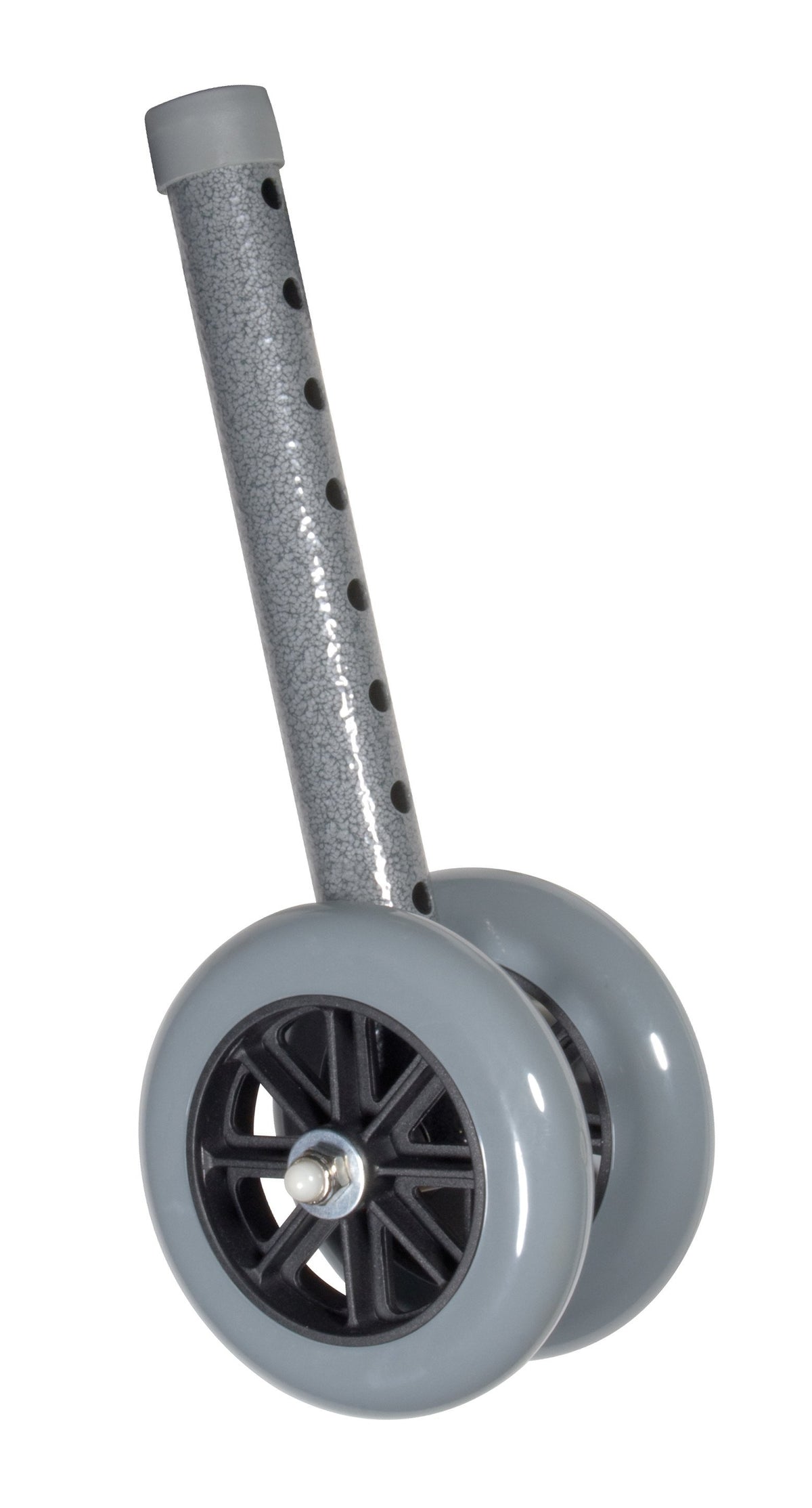 Walker wheels with dual gray rubber tires on a black spoked axle and adjustable gray metal stem with pin holes