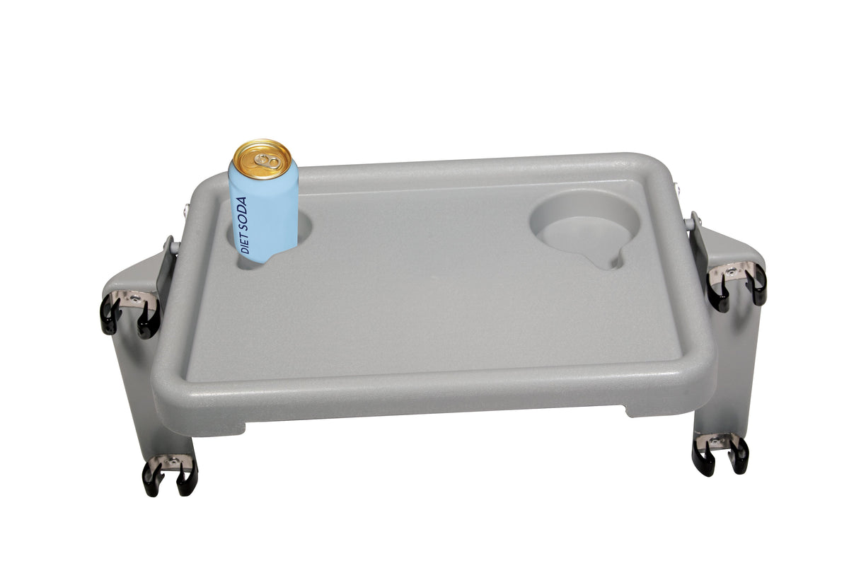Folding walker tray in gray with two cup holders, one holding a soda can, mounted on casters