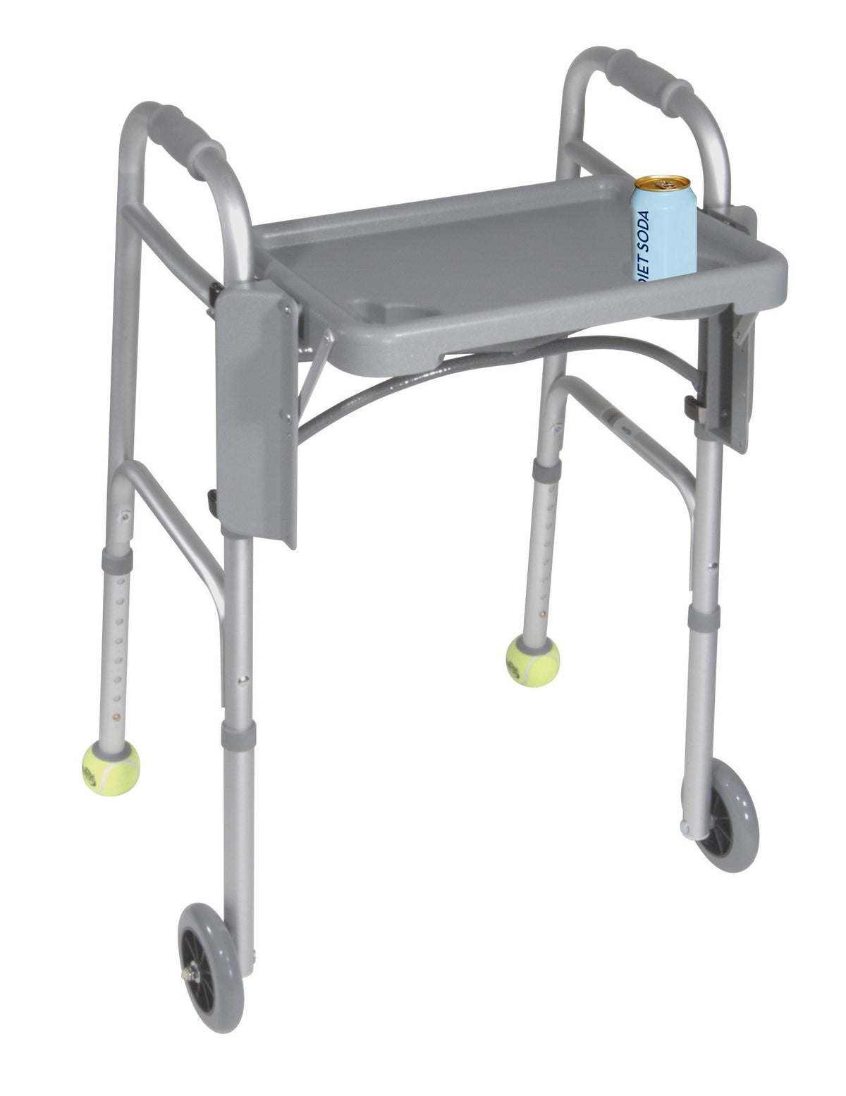 Folding walker tray attached to a gray two-wheeled walker with tennis ball glides, holding a soda can on white background