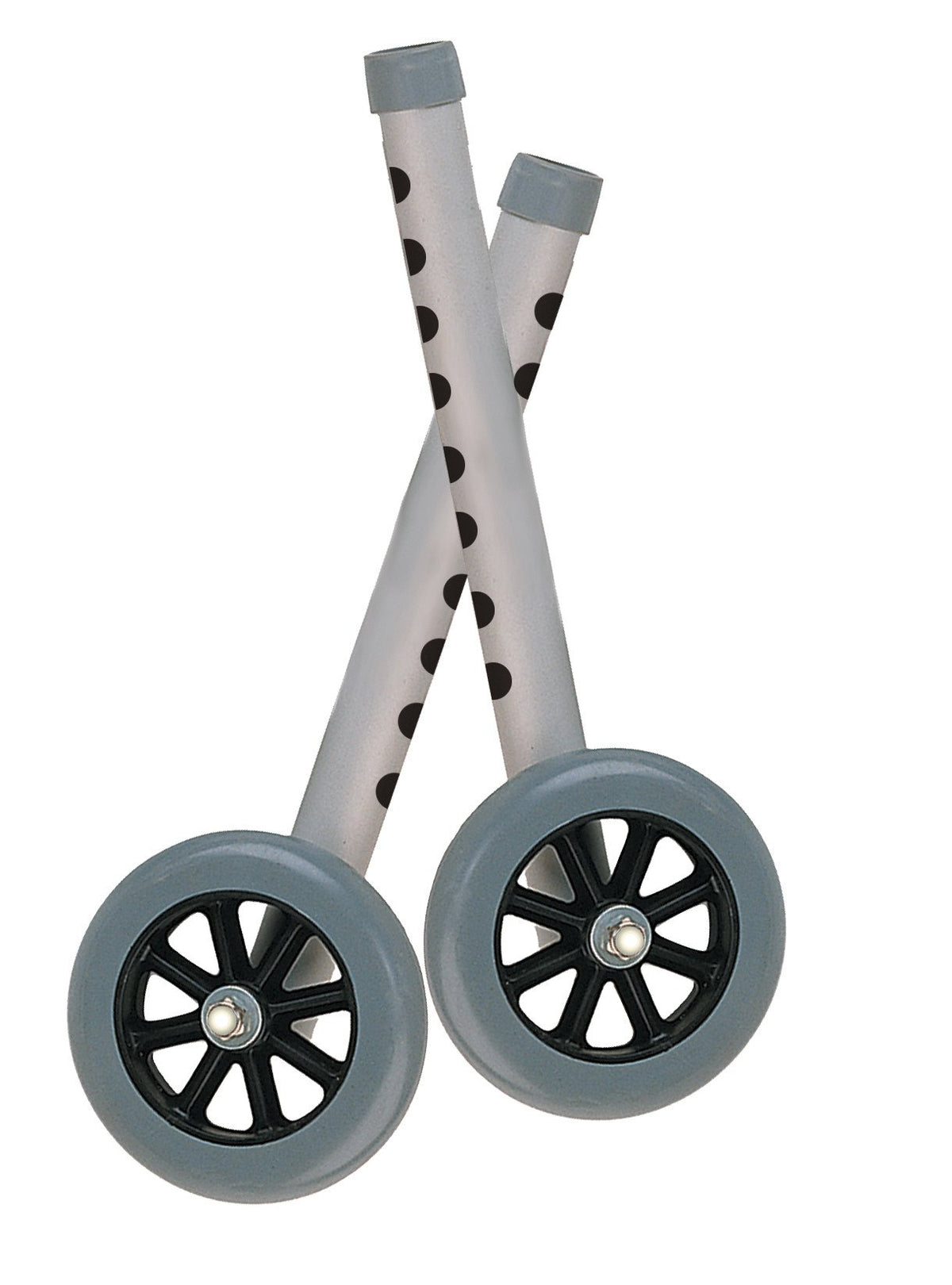 Walker wheels kit showing two gray rubber wheels with black spokes on polka-dot patterned metal legs, sold as a pair