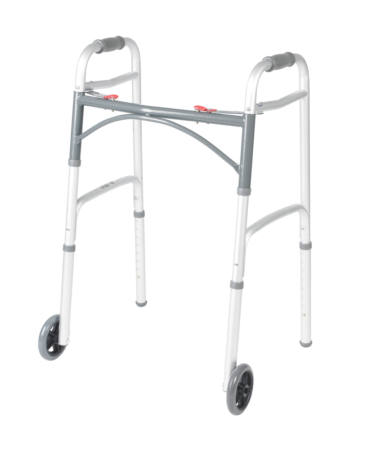 Folding walker with two red release buttons, gray padded handles, adjustable legs, and front wheels on white background