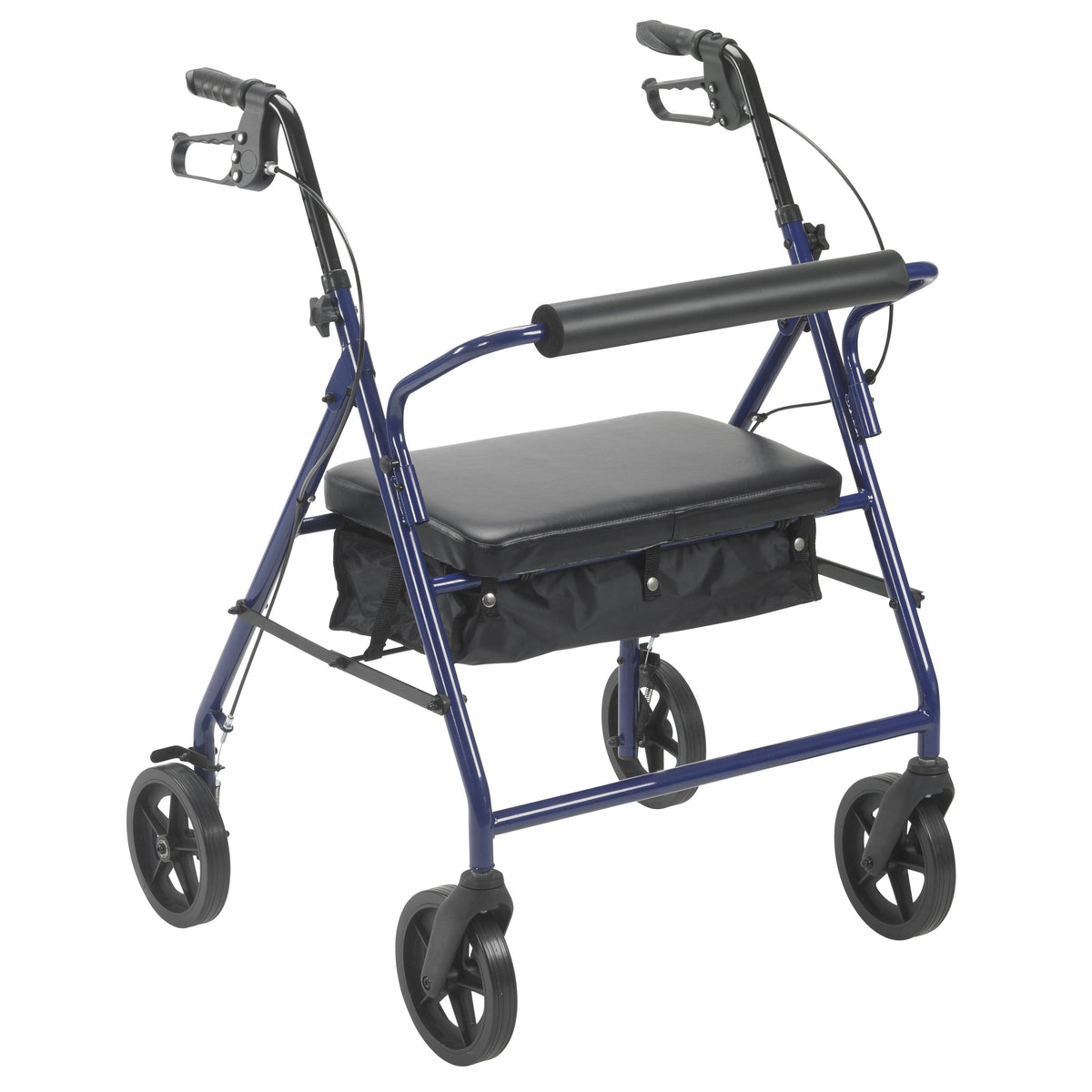 Rollator walker with blue steel frame, padded seat and backrest, hand brakes, under-seat bag, and four black 8-inch wheels