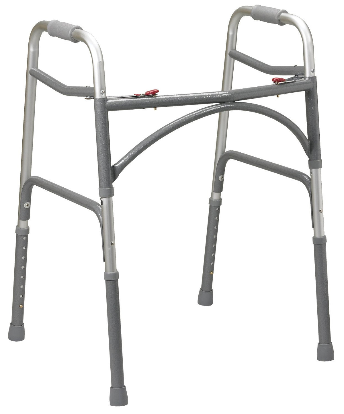 Heavy duty bariatric folding walker with gray aluminum frame, red release buttons, padded hand grips, and adjustable legs