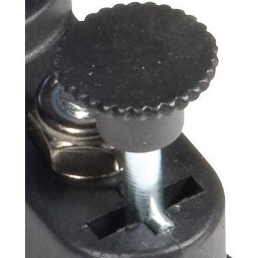 Rollator walker knurled black thumb screw and metal hardware adjustment detail on black frame joint