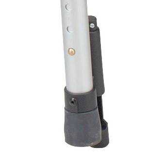 Rollator walker lower leg detail showing adjustable aluminum tube, push-down brake mechanism, and gray rubber tip