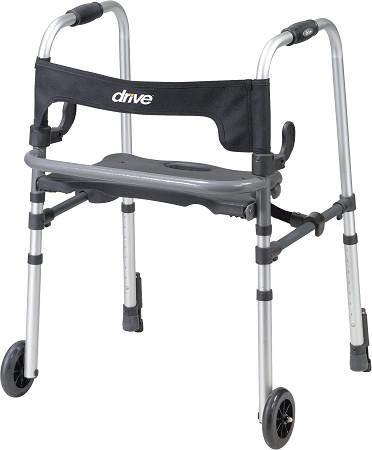 Rollator walker with padded seat, back support, two front wheels, rear glide tips, and push-down brakes in silver and black