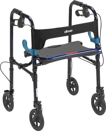 Rollator walker with blue frame, black padded seat and backrest, loop hand brakes, and four 8-inch wheels