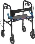 Rollator walker with four wheels, fold-down seat, back support, and hand brakes in black and blue