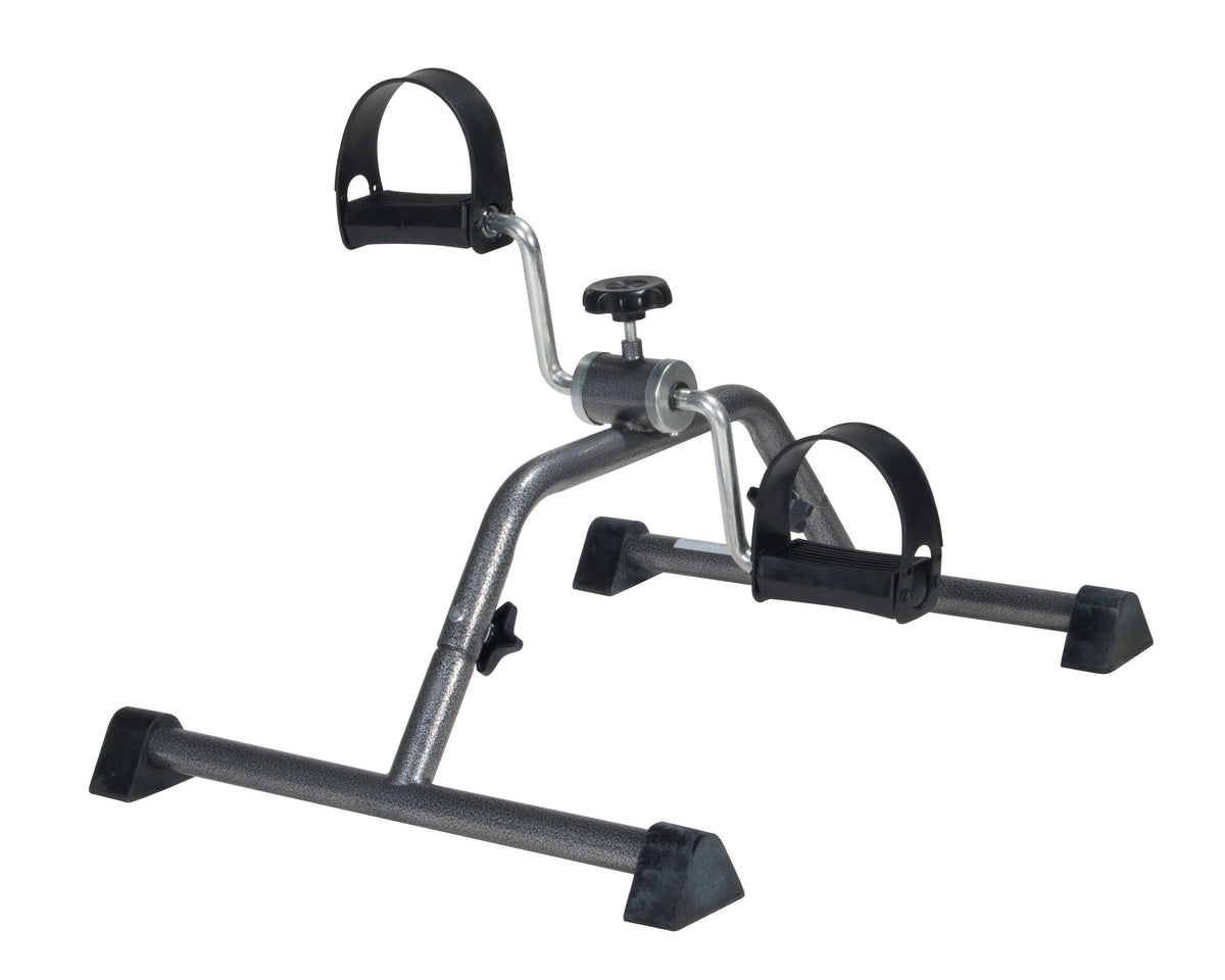 Pedal exerciser with silver vein steel frame, two pedals with black straps, resistance knob, and rubber non-slip feet