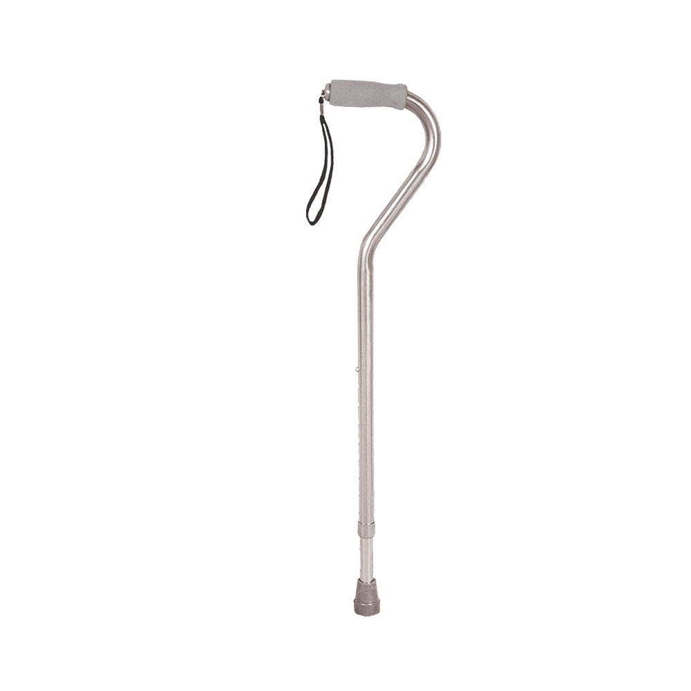 Offset handle walking cane in silver aluminum with gray foam grip, wrist strap, and rubber tip